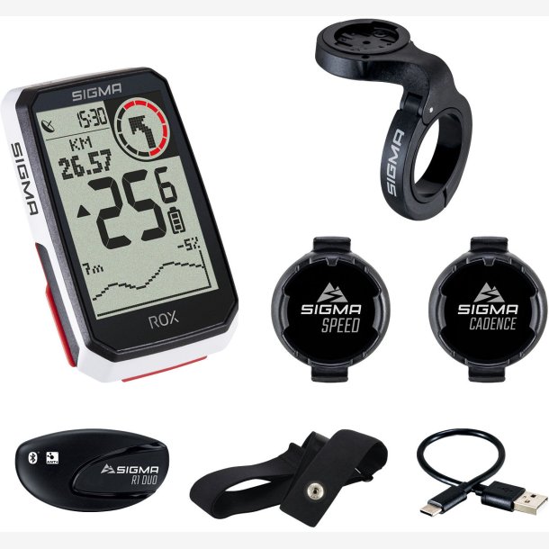 GPS Cykel computer Sigma ROX 4.0 GPS HR + CADENCE set with overclamp Butler Styr mount - white