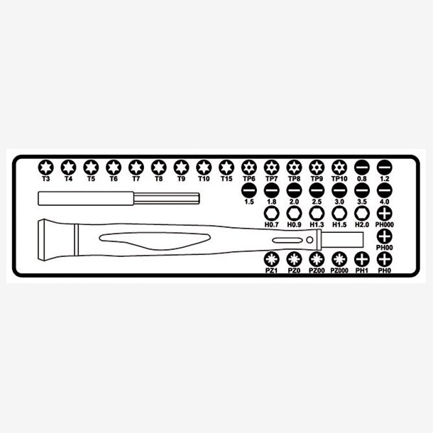 Bi-material microscrewdriver Beta 1256/C36 with 36 interchangeable 4-mm bits and magnetic extension