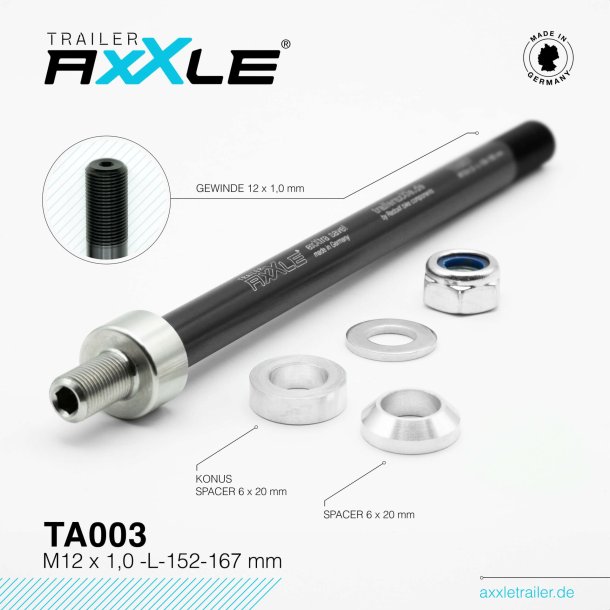 Gennemgende aksel til cykeltrailer Radoxx TA003 M12 x 1 lngde 152-167mm