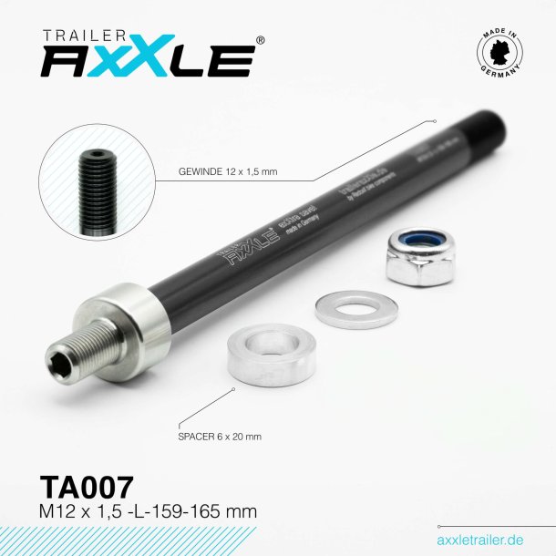 Gennemgende aksel til cykeltrailer Radoxx TA007 M12 x 1,5 lngde 159-165mm