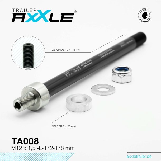 Gennemgende aksel til cykeltrailer Radoxx TA008 M12 x 1,5 lngde 172-178mm
