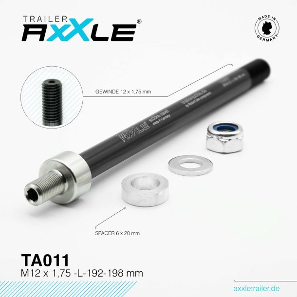 Gennemgende aksel til cykeltrailer Radoxx TA011 M12 x 1,75 lngde 192-198mm