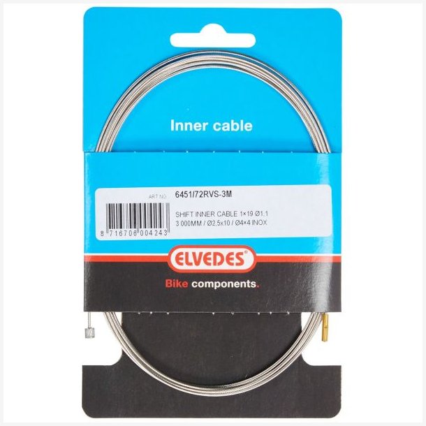 Indvendig gearkabel Elvedes 3000mm 1 x 19 tr�de rustfrit st�l �1,1mm med �2,5 � 10 og �4 � 4mm N-nippel