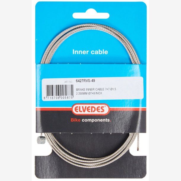 Indvendigt bremsekabel Elvedes 2250mm 7&times;7 trde - rustfrit stl 1,5mm med T-nippel 7 &times; 6 mm