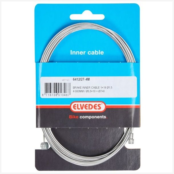 Indvendig bremsekabel Elvedes 4000 mm 1�19 tr�de - galvaniseret �1,5mm med V-nippel �5,5 � 10 og T-nippel �7 x 6