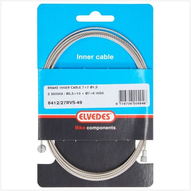 Indvendigt bremsekabel Elvedes 2250mm 77 trde - rustfrit stl 1,5mm med V-nippel 5,5  10 og T-nippel 7  6mm